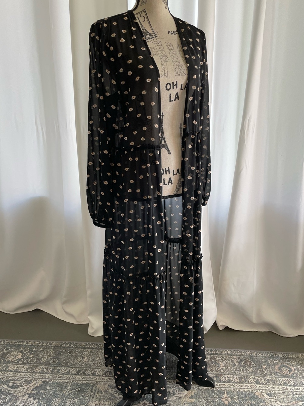 Black Sheer Floral Maxi Duster with Daisies